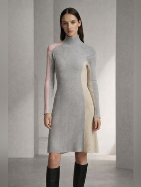 Sportmax Ribbed Turtleneck Knit Dress- Gray Pink Panel XS